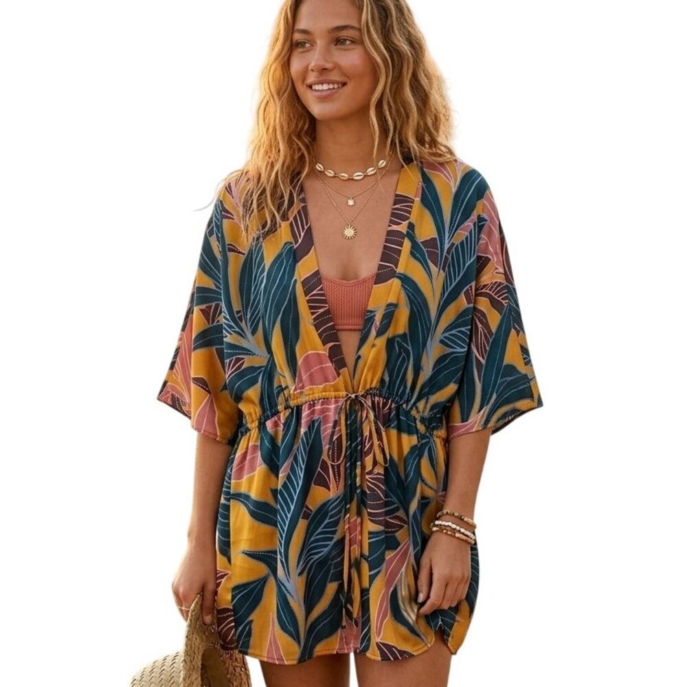 DR2 NEW Kaftan Coverup Womens L/XL Tropical Satin Kimono Multicolor Boho Beachy